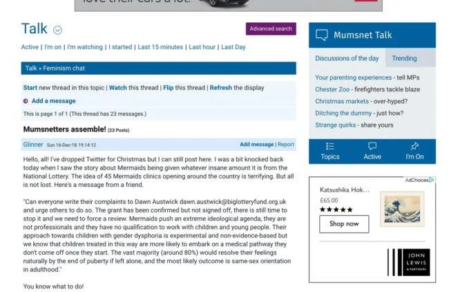 Hbomberguy's Donkey Kong 64 Trans Charity Marathon Stream — Mumsnet forum post by Glinner rallying users against the Mermaids charity