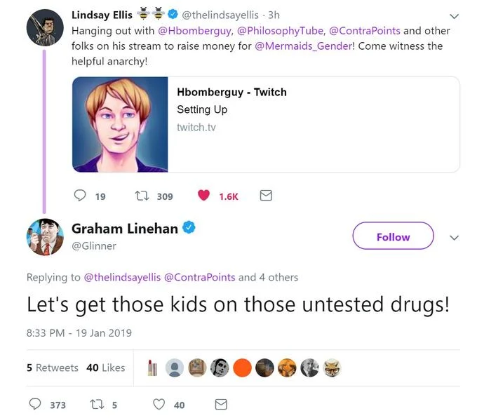 Hbomberguy's Donkey Kong 64 Trans Charity Marathon Stream — Lindsay Ellis tweet promoting the charity stream with Graham Linehan reply