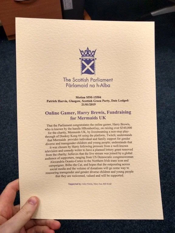 Hbomberguy's Donkey Kong 64 Trans Charity Marathon Stream — Scottish Parliament motion congratulating Harry Brewis for the charity stream