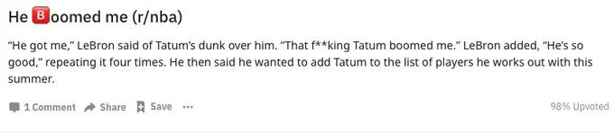 Reddit post from r/nba titled 'He boomed me' containing the original LeBron James quote about Jayson Tatum.
