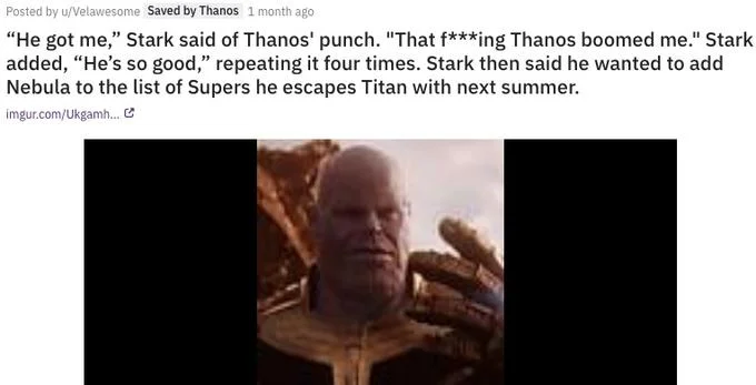 He Boomed Me — Reddit post adapting the meme format with a Thanos MCU image embedded showing visual meme integration.