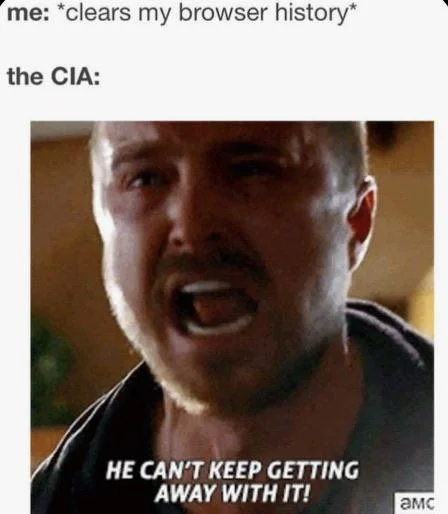 He Can't Keep Getting Away With It — Meme imagining the CIA's reaction to someone clearing their browser history, using Jesse Pinkman yelling.