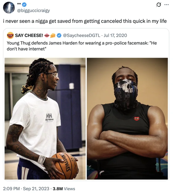 He Dont Got Internet — Tweet reacting to Young Thug's defense saying he's never seen someone get uncancelled that fast.