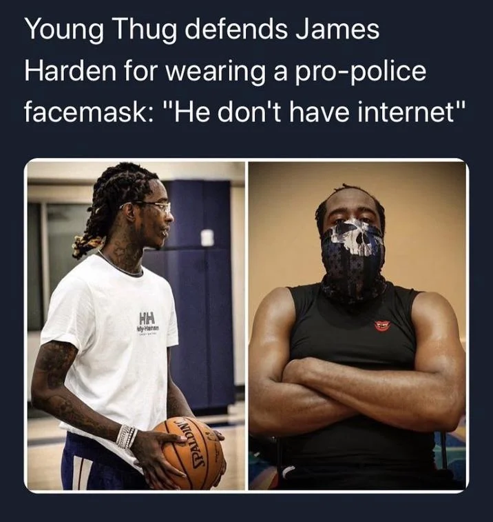 He Dont Got Internet — Cropped Say Cheese meme graphic with the headline about James Harden's facemask.