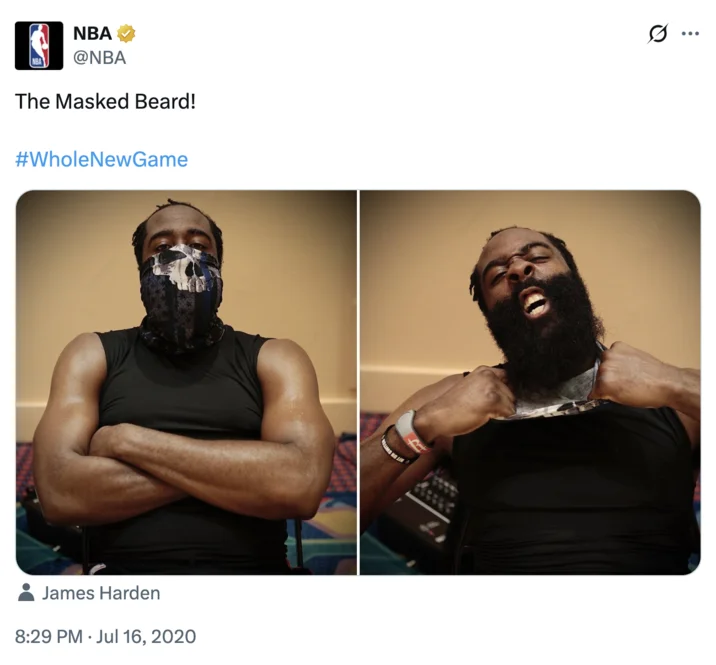 He Dont Got Internet — NBA Twitter post showing James Harden wearing a skull face mask and then revealing his bearded face.