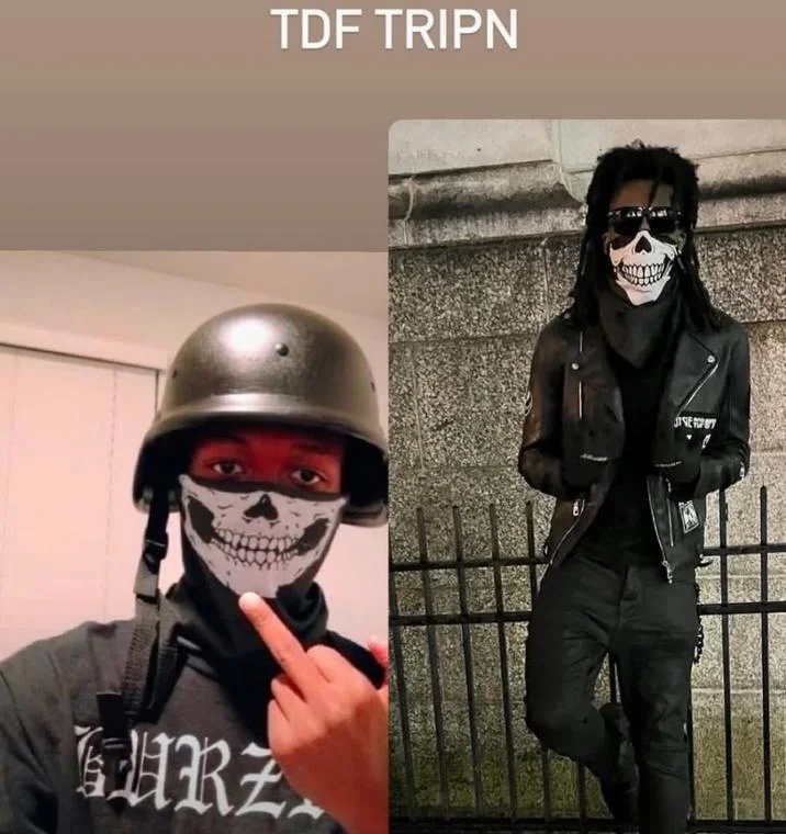 He Dont Got Internet — Two panels of individuals wearing skull face masks under the title TDF TRIPN.