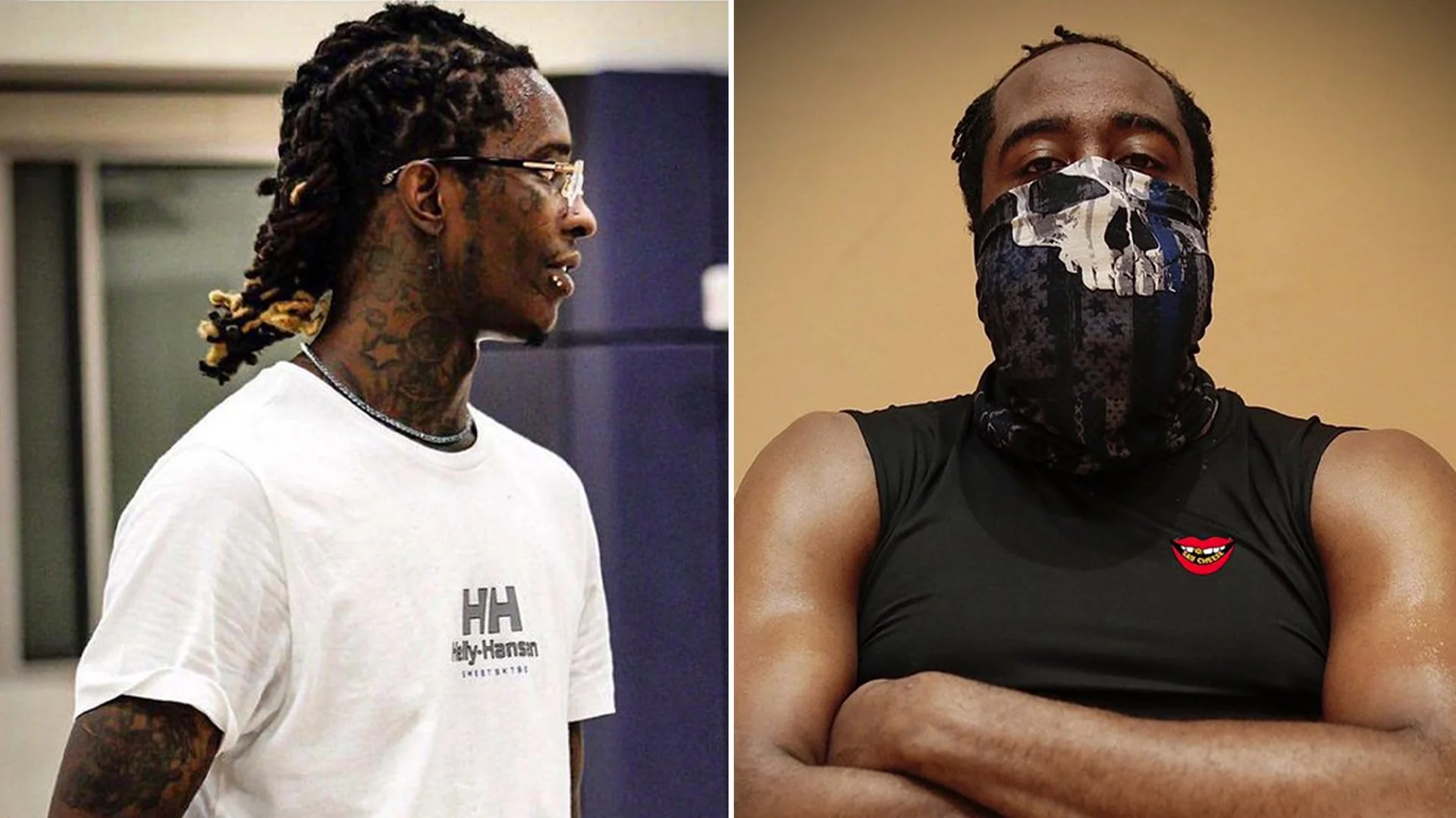 He Dont Got Internet — Split image of Young Thug in a Helly Hansen shirt and James Harden wearing a blue skull face mask with arms crossed.