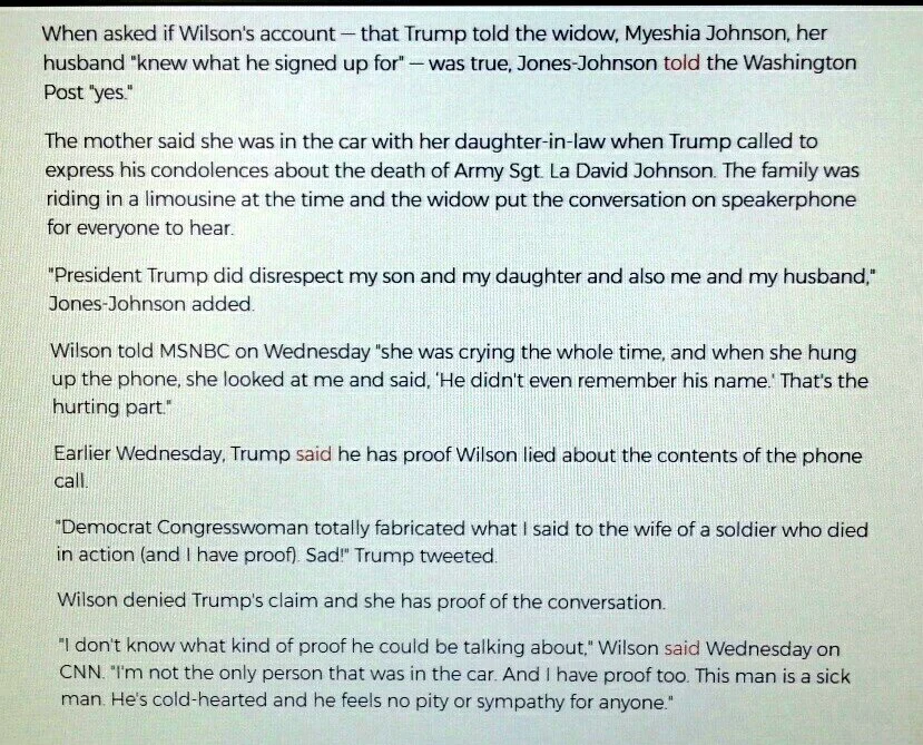 "He Knew What He Signed Up For" — News article excerpt about Trump's condolence call to Myeshia Johnson