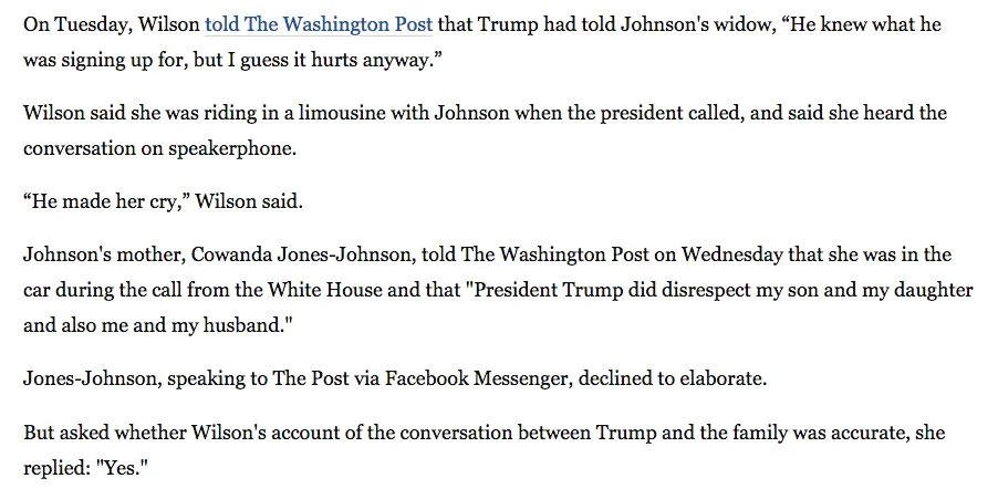 "He Knew What He Signed Up For" — Washington Post article excerpt quoting Trump's remark to the soldier's widow
