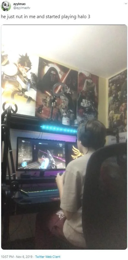 He Literally Just Nutted in Me — Twitter post about playing Halo 3 showing a gamer with headset at a desk surrounded by posters