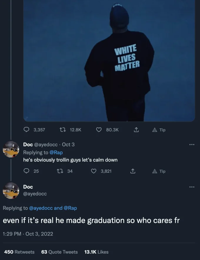 Twitter screenshot of user 'dame' replying 'So ? He made graduation' in a thread about Kanye West