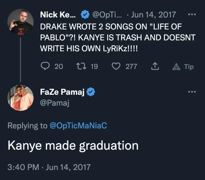 He Made Graduation — Twitter screenshot of FaZe Pamaj replying 'Kanye made graduation' to a tweet criticizing Kanye West