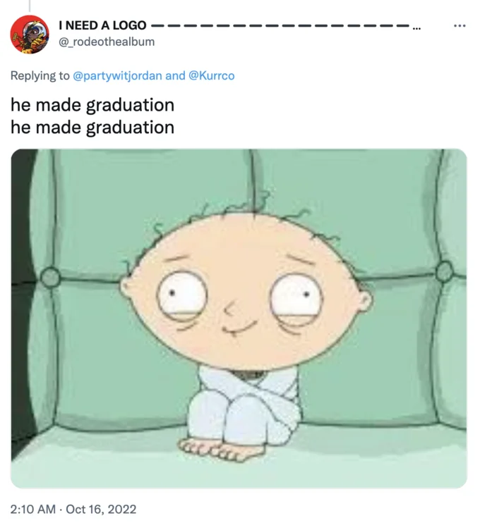 Person in straitjacket on hospital bed in padded cell with 'He made graduation' text overlay