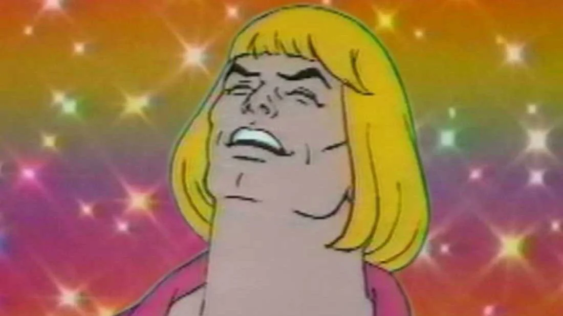 He Man Sings — He-Man cartoon singing with grimacing face against sparkling rainbow background