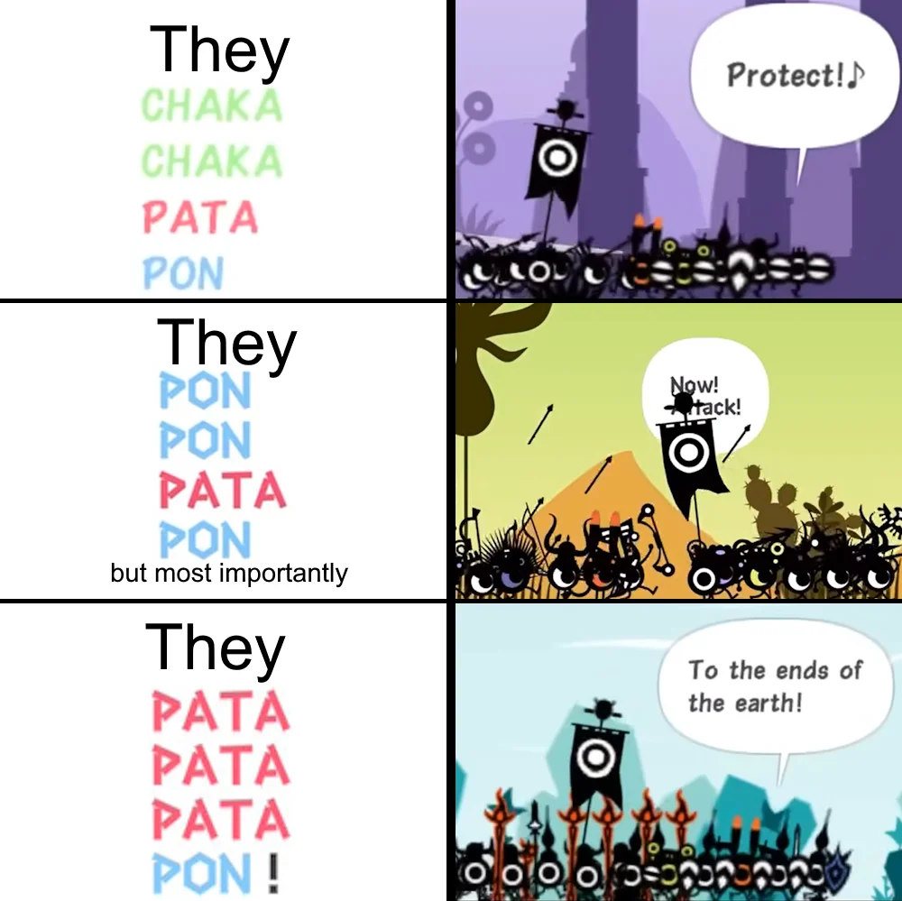 He Protec but He Also Attac — Patapon-themed 'They protec they attac' meme with chant sequences