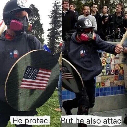 Masked protester with shield in 'He protec but he also attac' meme
