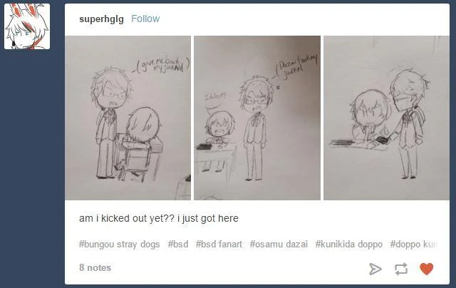 He Ruined My Dream Journal — Tumblr post with Bungou Stray Dogs fanart sketches referencing the dream journal meme