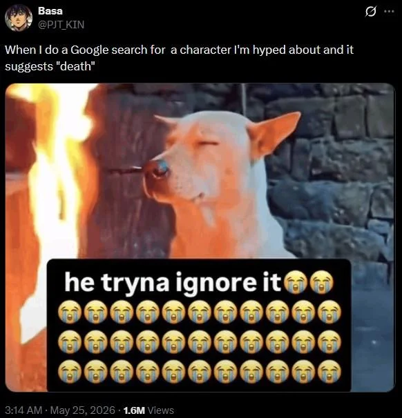 Twitter post captioned 'having a crush' using the he tryna ignore it dog meme