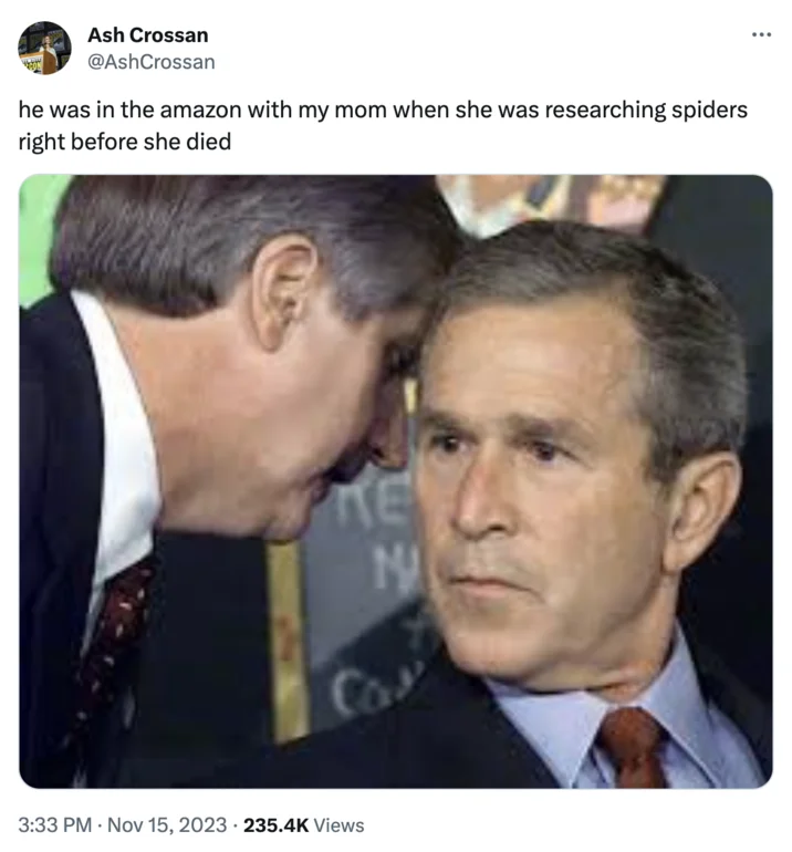 He Was in the Amazon With My Mom When She Was Researching Spiders Right Before S... — Tweet pairing the researching-spiders quote with the photo of Andy Card