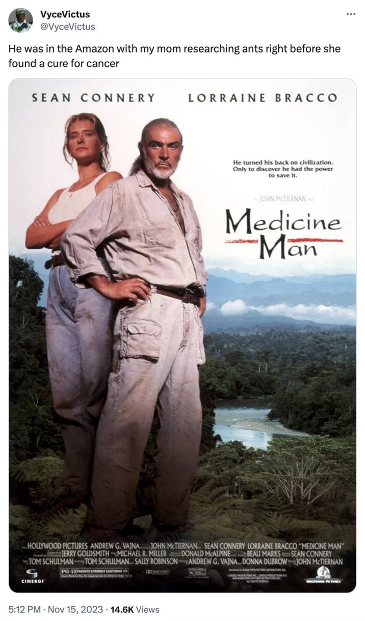 He Was in the Amazon With My Mom When She Was Researching Spiders Right Before S... — Tweet remixing the Madame Web line to reference ants and a cancer cure