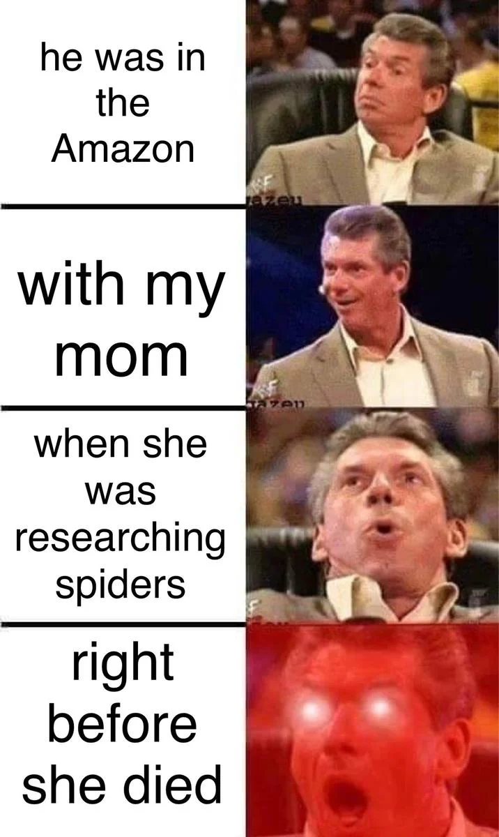 He Was in the Amazon With My Mom When She Was Researching Spiders Right Before S... — Four-panel Vince McMahon escalating reaction meme with the Madame Web