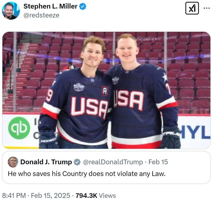 He Who Saves His Country Does Not Violate Any Law — Twitter screenshot by @redsteeze showing two smiling young men in USA hockey jerseys on ice rink paired