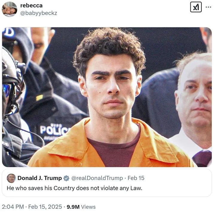 He Who Saves His Country Does Not Violate Any Law — Twitter screenshot showing Luigi Mangione in orange prison jumpsuit surrounded by police, paired with