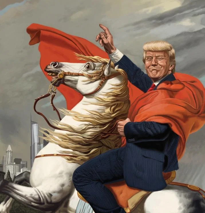 He Who Saves His Country Does Not Violate Any Law — Digital illustration depicting Trump on a rearing white horse in Napoleonic military attire with red cape