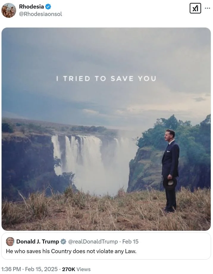 He Who Saves His Country Does Not Violate Any Law — Twitter screenshot from @Rhodesiaonsol showing a man at Victoria Falls with 'I TRIED TO SAVE YOU' text