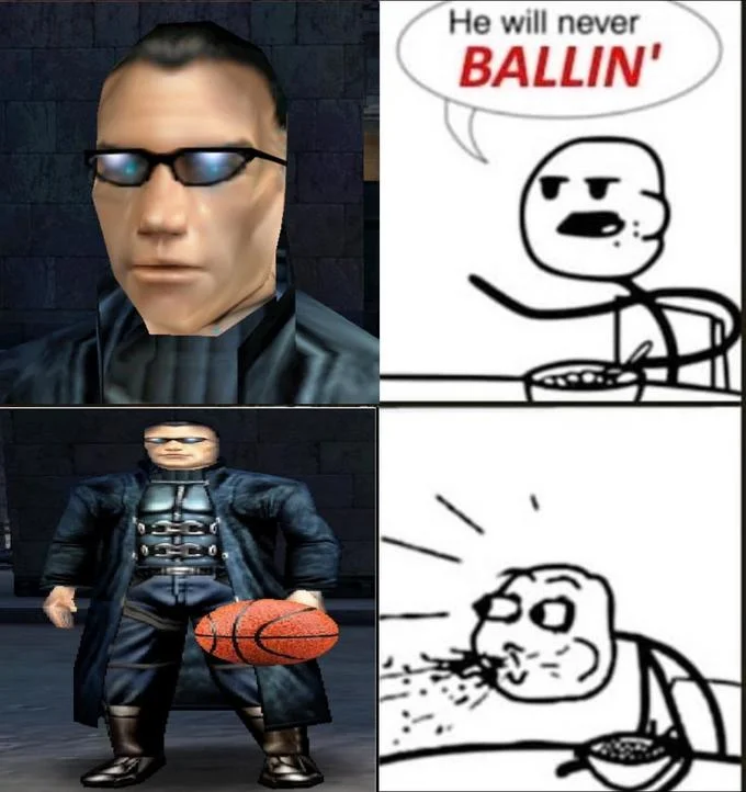 He Will Never Be Ballin' — Max Payne video game variant of the Cereal Guy ballin meme