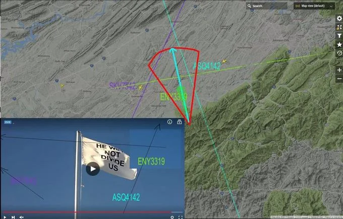 Flight tracker map overlaid with plane paths used to geolocate the He Will Not Divide Us flag livestream