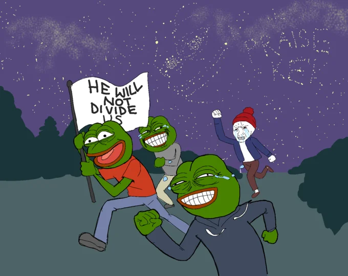 He Will Not Divide Us — Illustration of Pepe frogs carrying the HWNDU flag with a crying wojak, 'Praise Kek' written in the stars