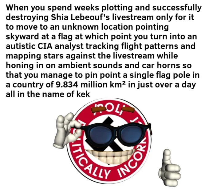 He Will Not Divide Us — Text meme describing 4chan /pol/ users triangulating the HWNDU flag location using flight patterns and stars, with /pol/ mascot