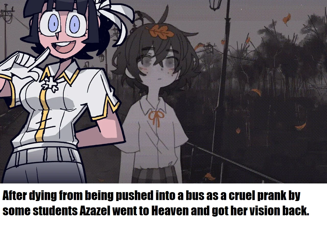 Anime fan art with a dark headcanon caption about a character named Azazel