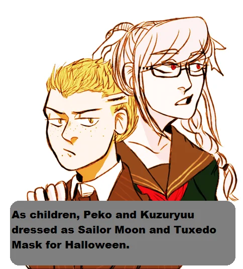 Danganronpa characters Peko and Kuzuryuu with headcanon text about dressing as Sailor Moon characters