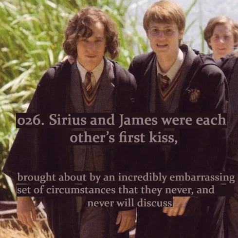 Harry Potter image with headcanon text about Sirius and James sharing their first kiss