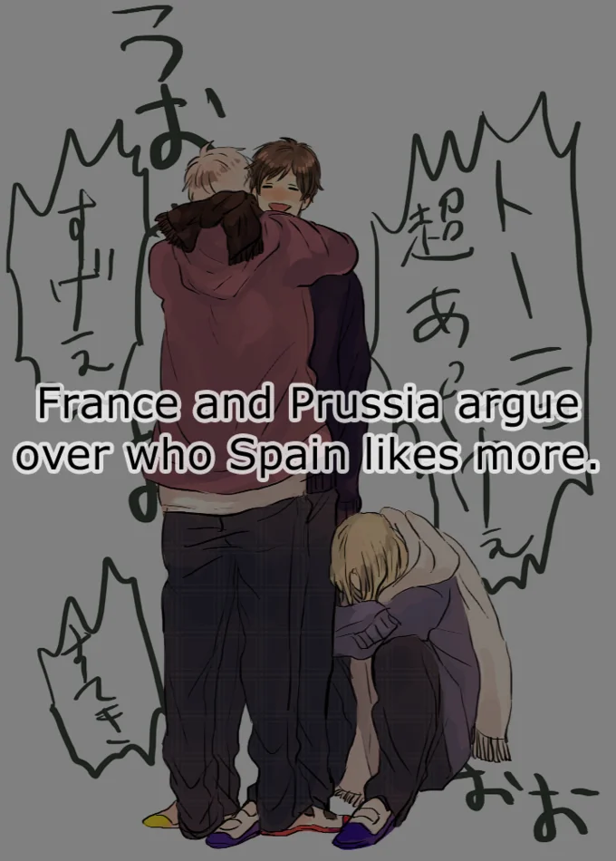 Hetalia fan art of France and Prussia hugging Spain with headcanon caption text