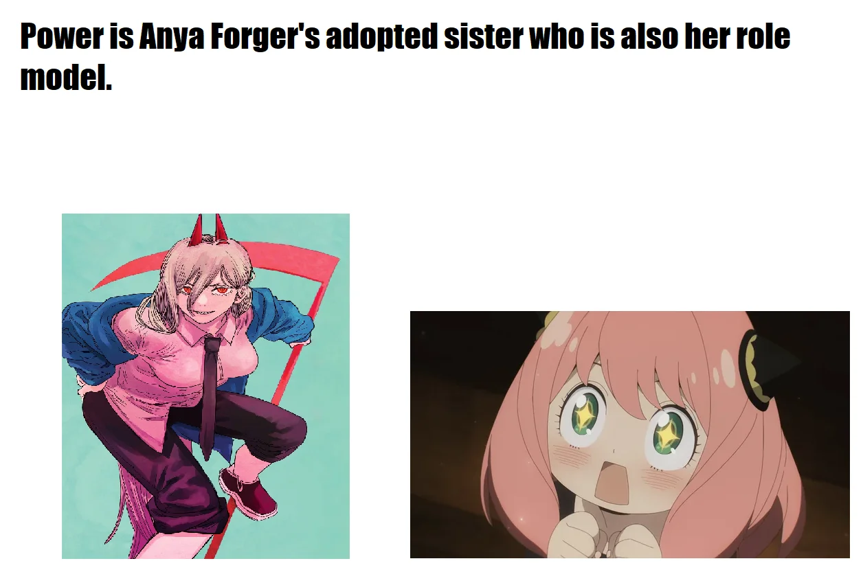 Crossover headcanon image featuring Power from Chainsaw Man and Anya Forger from Spy x Family