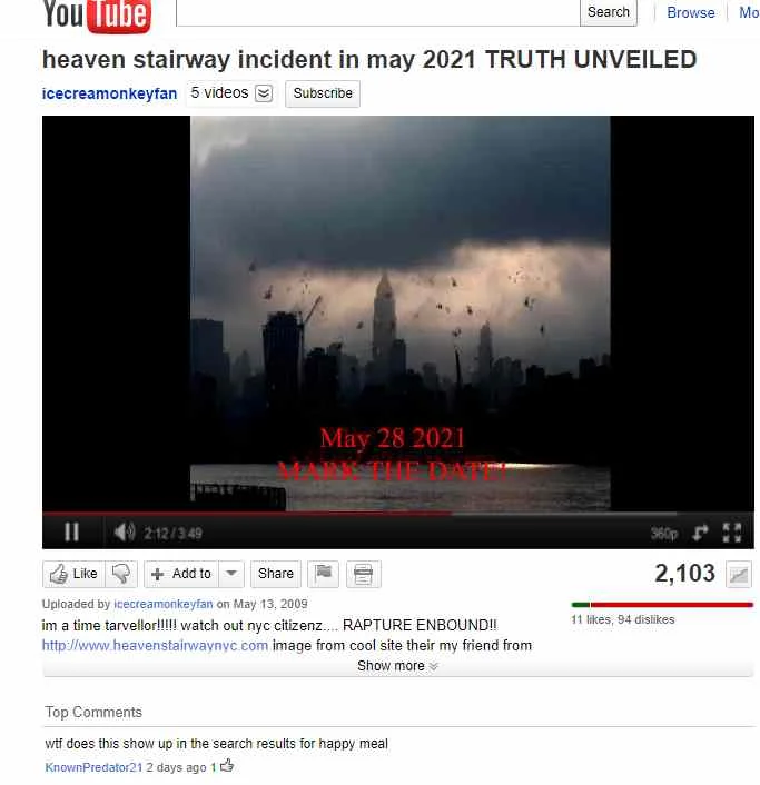 Fake vintage YouTube screenshot about the Heaven Stairway incident with warning text