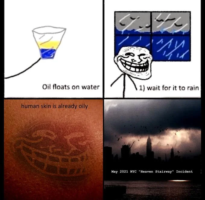 Four-panel meme explaining the Heaven Stairway incident with troll face and NYC skyline