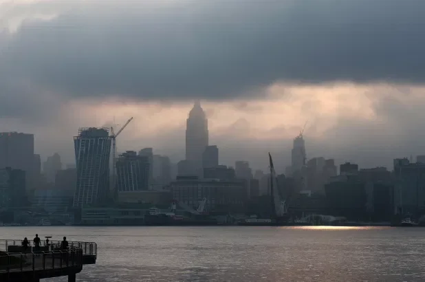 Heaven Stairway Incident — Original clean photograph of NYC skyline on overcast day with pier in foreground