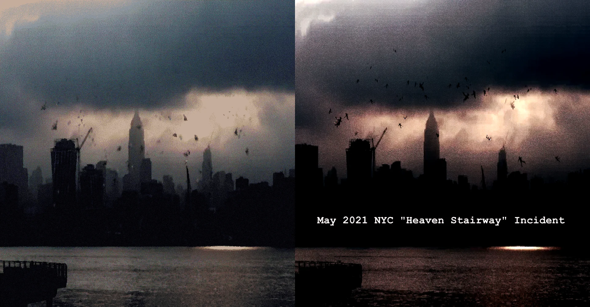 Heaven Stairway Incident — Side-by-side comparison of original NYC skyline photo and the edited Heaven Stairway meme version