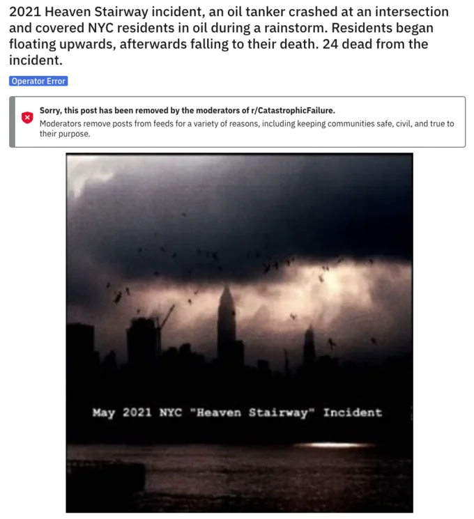 Reddit post screenshot describing the fictional 2021 Heaven Stairway incident, removed by moderators