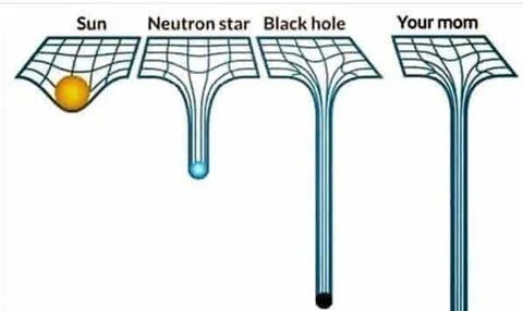 Heaviest Objects In The Universe — Spacetime curvature chart showing the Sun, Neutron star, Black hole, and 'Your mom' as the fourth heaviest object.