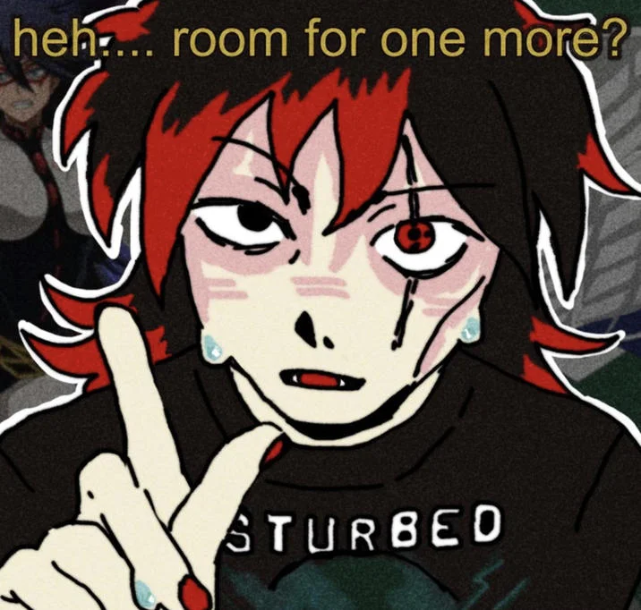 Heh, Room For One More? — Close-up fan art of smirking fanged character with 'heh.... room for one more?' caption