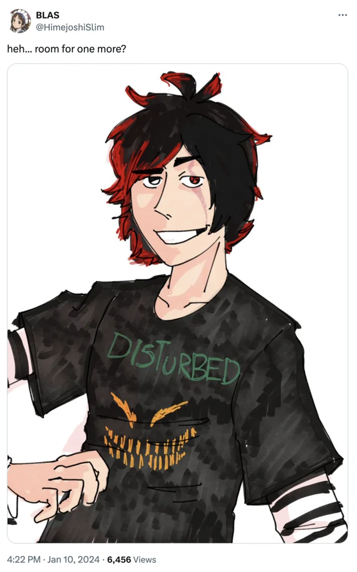 Heh, Room For One More? — Tweet by HimejoshiSlim with hand-drawn fan art of the grinning meme character in a Disturbed shirt