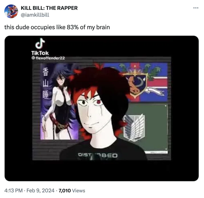 Heh, Room For One More? — Tweet from Kill Bill the Rapper saying the meme character occupies 83% of his brain