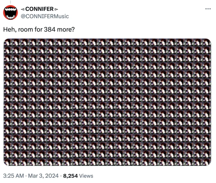 Heh, Room For One More? — Tweet by CONNIFER with a dense grid of 384 copies of the meme still