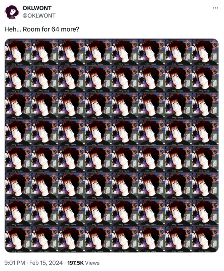 Heh, Room For One More? — Tweet by OKLWONT with an 8-by-8 grid of the meme still, captioned 'Room for 64 more?'