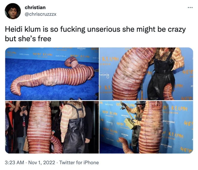 Tweet reacting to Heidi Klum's worm costume with four red carpet photos